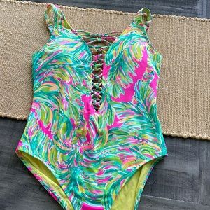Lilly Pulitzer Pink and Green Shady Lady Print Swimsuit